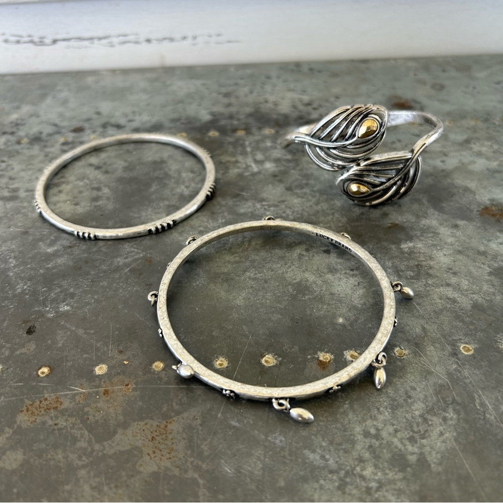 Lot Of 3 Lucky Brand Cuff Bracelets Bangle Silver Toned Slip On Nature Boho Y2K